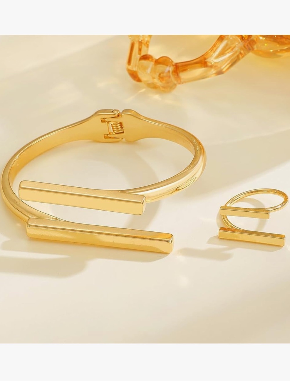 Architectural Parallel Bar Open Cuff Bracelet and Adjustable Ring Set - Picture 4 of 6